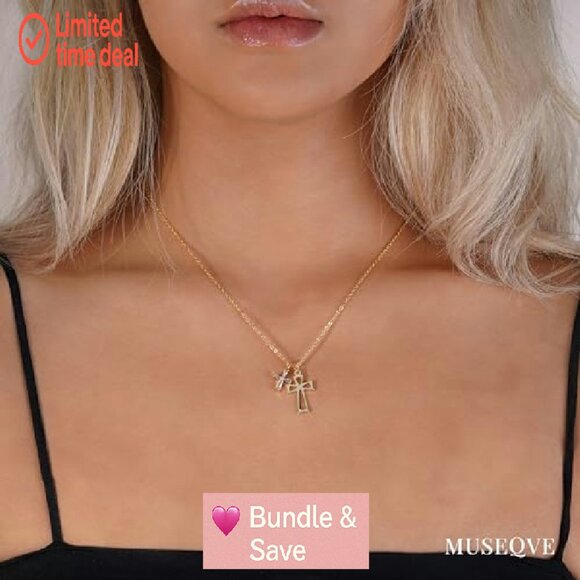 Double Cross Pendant Necklace 14K Gold Plated Dainty CZ Diamond Choker - Picture 4 of 6